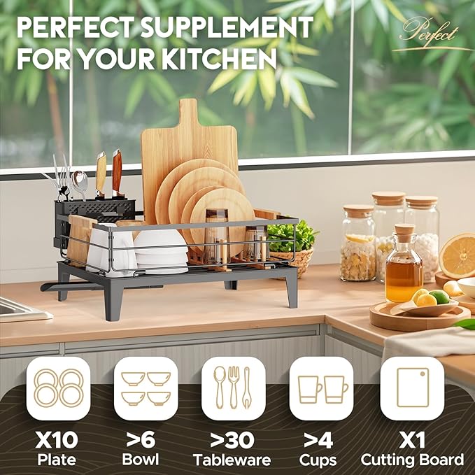 JYPS Dish Drying Rack for Kitchen Counter Decor with Drainboard Auto-Drain，Rustproof Dish Rack Drainers with Utensil Holder, Wooden Handles，360° Rotatable Drainer, Higher Legs (Black)