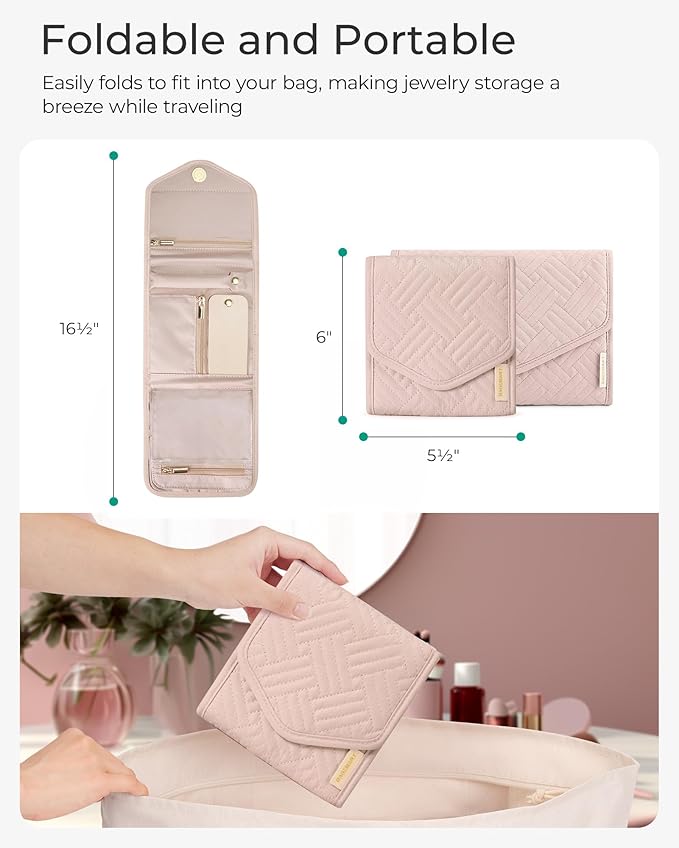 BAGSMART Travel Jewelry Organizer Case Foldable Small Jewelry Roll for Journey Rings, Necklaces, Earrings, Bracelets,Mini,Soft Pink