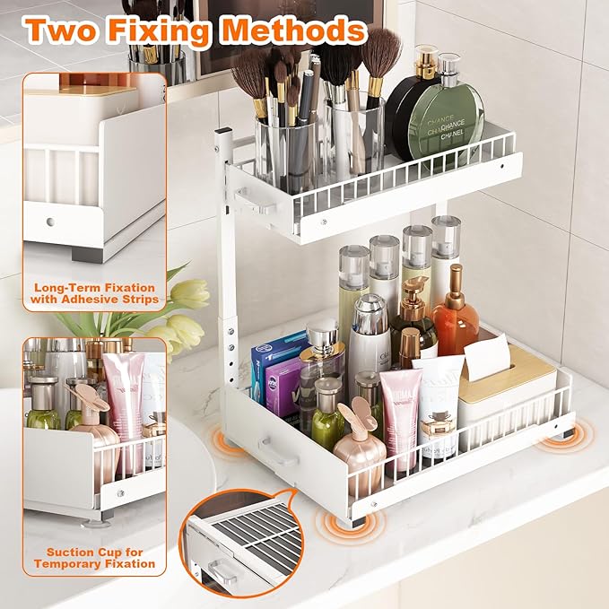 2 Tier Slide Out Kitchen Cabinet Organizers with Pulley, Under Sink Organizer, Under Bathroom Sink Pull Out Organizer with Multiple Height Adjustments for Kitchen and Bathroom Cabinets-White