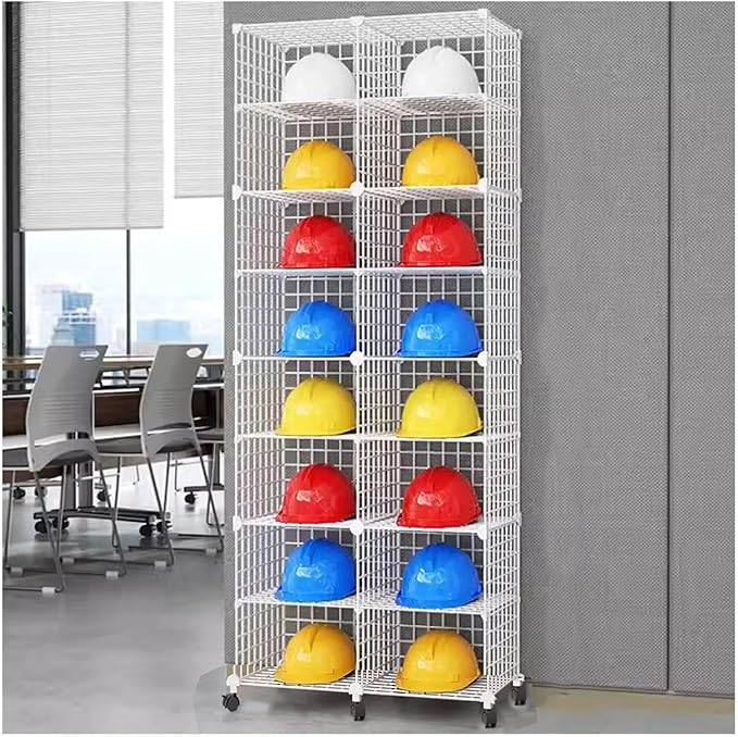 Stackable Safety Helmet Storage Boxes, Large Adjustable Hard Hat Placement Organizer Rack,with Wheels,for Construction Site/Garage/Workshop/Factory Helmet Display Shelf (White, 16 Grids-2 * 8)