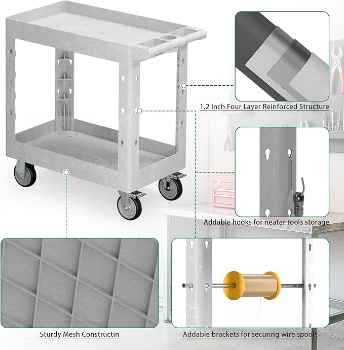 Heavy Duty Utility Rolling Tool Cart, 550 lbs Capacity Plastic Rolling Carts with 360°Swivel Wheels, 34 x 17 Inch Service Cart, 2 Shelf Work Cart for Warehouse,Garage, Cleaning, Grey