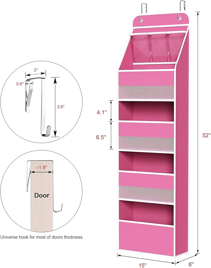Univivi 5-Shelf Fabric Door Storage Over Door Hanging Organizer with 4 Large Pockets and 3 Small PVC Pockets Nursery Closet Cabinet Wall Mount Hanging Storage Organizers for Baby Nursery (Pink)