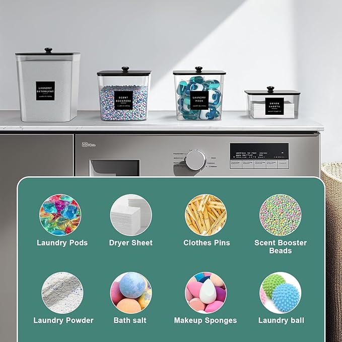 4 Pack Laundry Pod Containers and Dryer Sheet Holder Acrylic Jars with Bamboo Lids and Labels Laundry Room Organization Containers for Scent Booster Powder Detergent Pods Storage