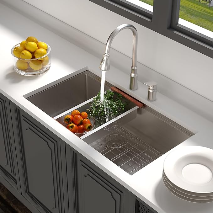 Lordear 32 Undermount Kitchen Sink 32x19 Inch Stainless Steel Kitchen Sinks Ledge Workstation 16 Gauge Single Bowl Under Counter Handmade Sink with Cutting Board
