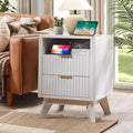 Fluted Nightstand - 24" Modern Bedside Table w/ 2 Drawers, Wood Bed Side End Table with Open Shelf, Night Stand with Storage Drawer, Curved Design Night Stands for Bedroom Living Room (White)