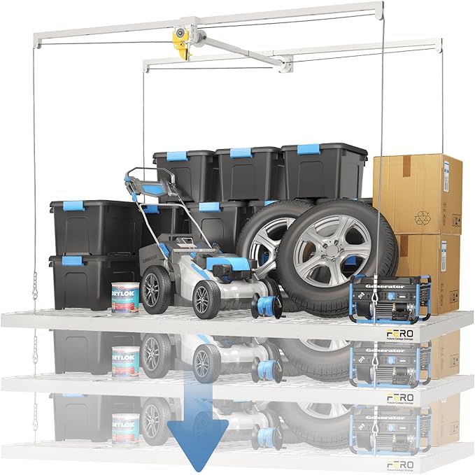 Overhead Garage Storage Rack – 4x8 FT Garage Ceiling Storage Racks with Safety Lock, Heavy-Duty Ceiling Mounted Lift System and Storage Organizer, Ideal for Maximizing Overhead Space, 325 lbs Capacity