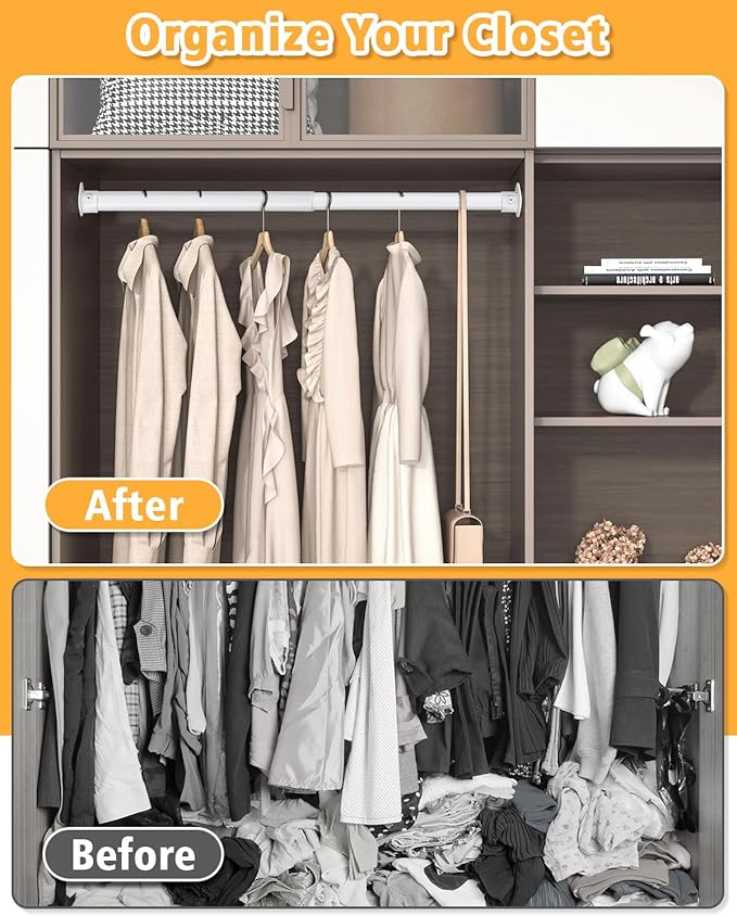 Closet Rod, 17 to 64 Inch Heavy Duty Adjustable Metal Clothing Rack for Hanging Clothes, Closet Poles for Wardrobes, Laundry, Durable Steel, White