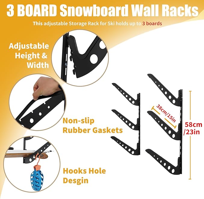 Snowboard Wall Racks, Adjustable Storage Rack for Ski, Surfboard, Wakeboard, Snowboard Wall Mount Display, White/Black