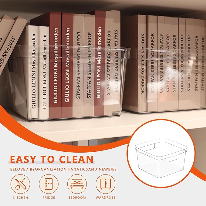 MOONEDGE 6-Pack Clear Plastic Storage Bins — Open-Top PET Storage Containers & Organizers, 10" x 10" x 6" Clear Boxes for Closet, Pantry, Office, Craft, Toy and Refrigerator Organization