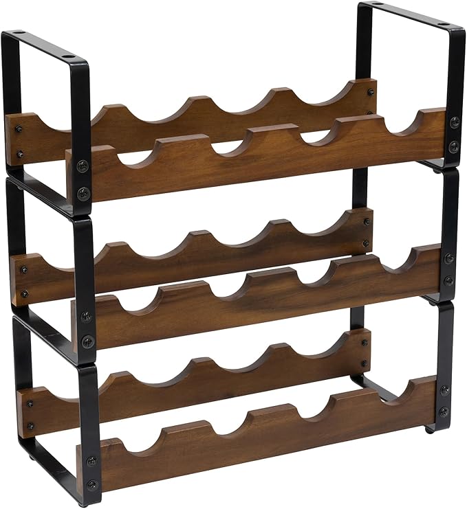 Pearington 12 Bottle Stackable Wine Rack, Rustic 3-Tier Solid Acacia Wood and Iron Wine Bottle Holder, Free Standing Countertop Liquor Display Shelf, 17" x 7.2" x 16.5"
