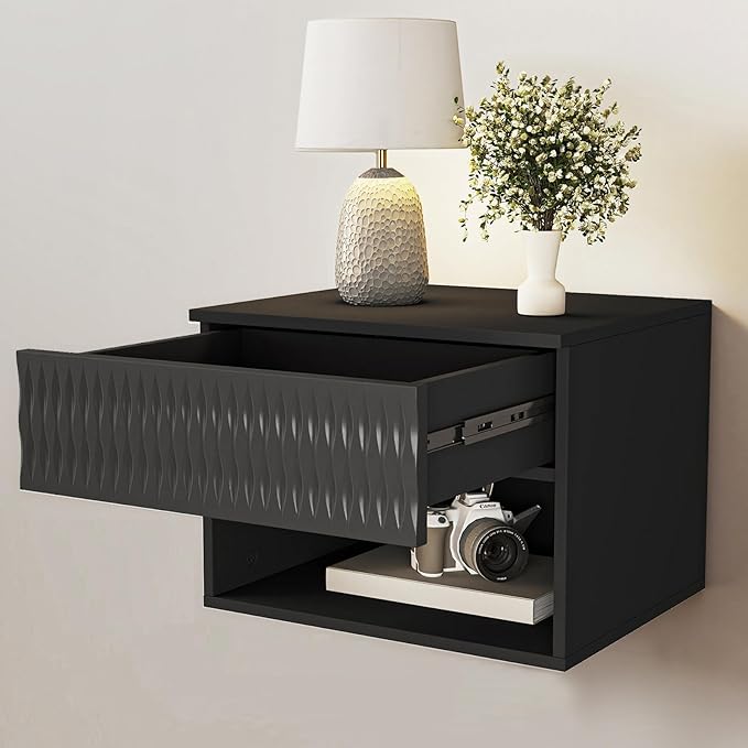Vibe & Dine Floating Nightstand Set of 2, Wall Mounted Night Stand with Spiral Pattern Design, Modern Bedside Tables with Drawers for Bedroom, Easy Assembly, Black