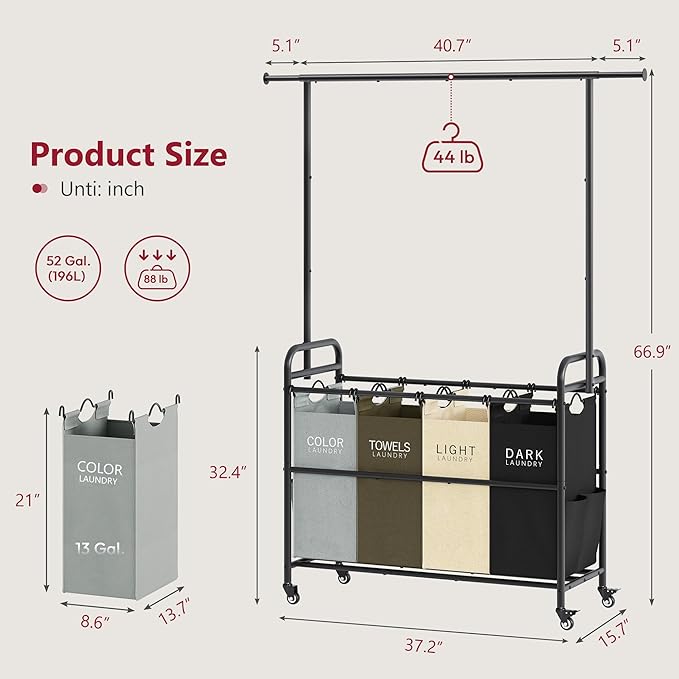 Tajsoon Laundry Sorter Cart with Hanging Clothes Rack, 4 Butler Sorter Basket Organizer, Laundry Hamper Cart with Heavy Duty Rolling Lockable Wheels, 4 Colors