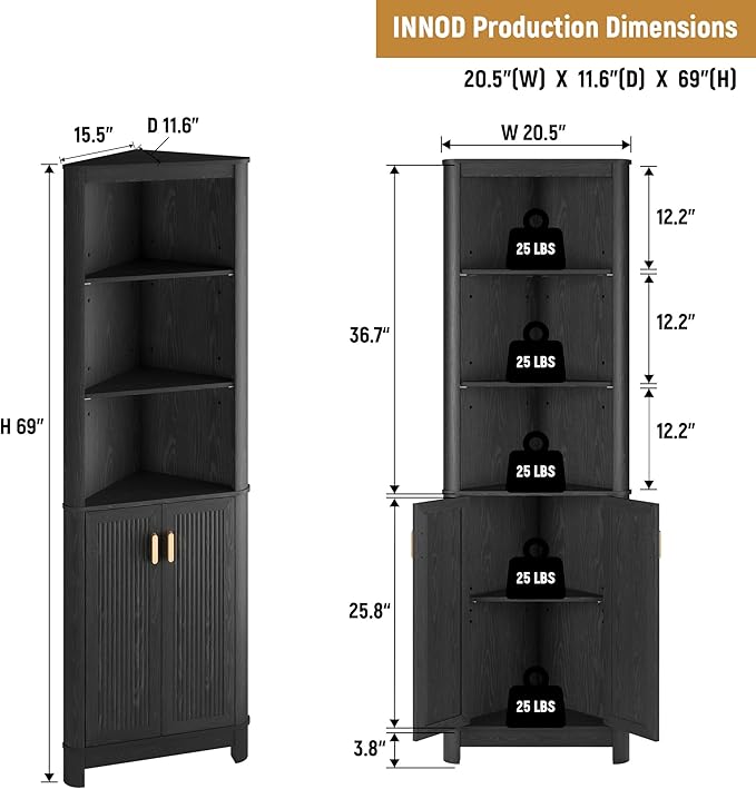 69" Tall Corner Shelf with Doors, 7-Tier Corner Storage Cabinet with Doors, Space Saver Shelf for Bathroom, Bathroom Floor Cabinet for Living Room Kitchen, Hallway