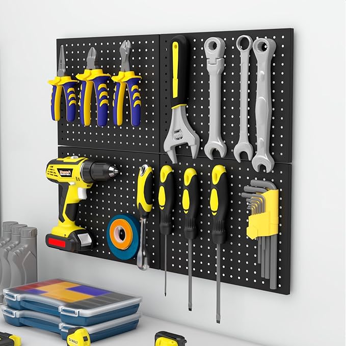 Peg Board,4 Pack Metal Pegboard Panels,Black Pegboard Wall Organizer,16"x12" Heavy Duty Peg Boards for Walls,Tools,Garage,Office,Kitchen