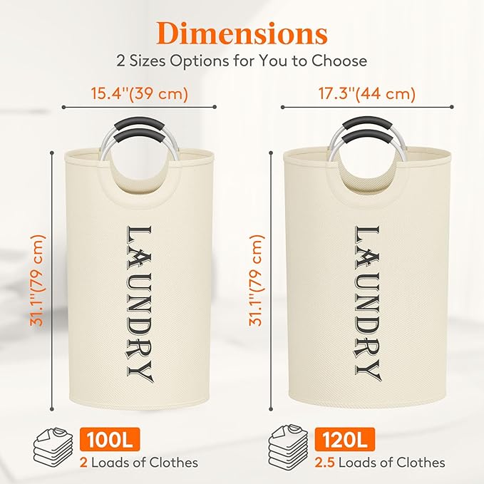 Lifewit 120L 2-Pack Large Laundry Basket, Collapsible Laundry Hamper with Aluminum Handles, Waterproof Freestanding Dirty Clothes Hampers for Laundry Room Bedroom Dorm Bathroom, White