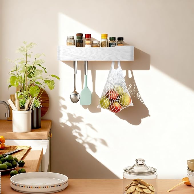 Wall Coat Rack Floating Shelves Modern Coat Rack Wall Mount with Storage Entryway Shelf Wooden Hanger 20 Inch 4 Hidden Metal Hooks for Living Room Bedroom (White, 4 Hooks)