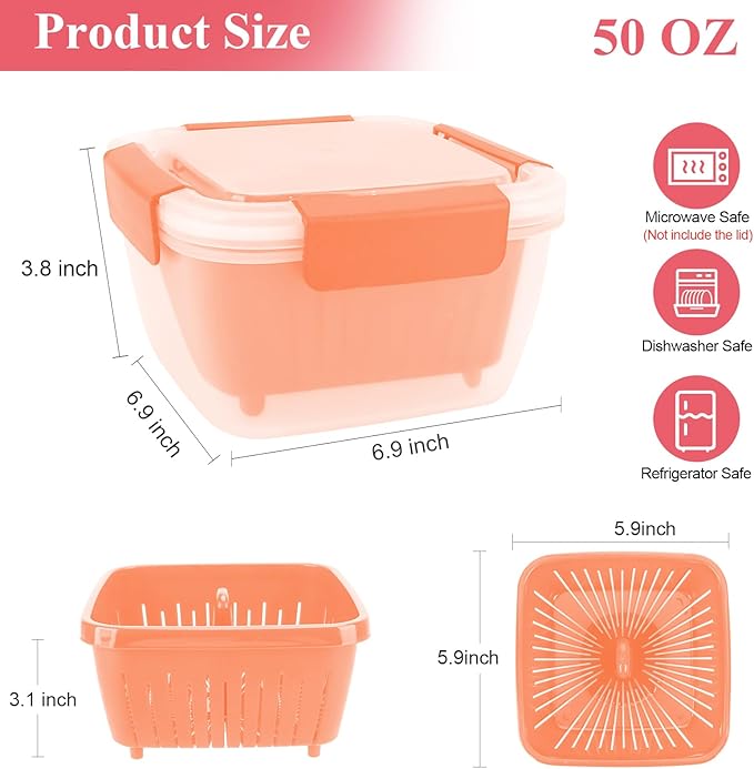 50oz Berry Keeper Fruit Storage Container for Fridge, Fresh Food Produce Saver Containers with Removable Drain Colander, Vegetable Lettuce Keeper Bowl, Refrigerator Organizer, PRESS TO OPEN CLOSE LID