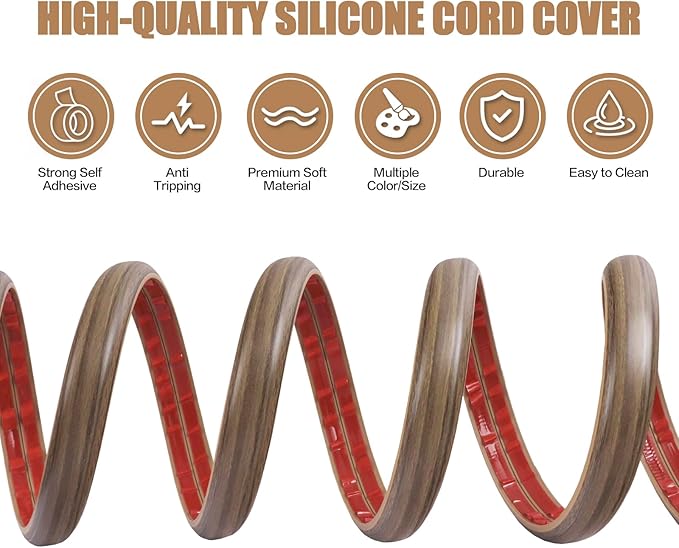 Floor Cord Cover Self Adhesive Cord Hider,20FT Cable Management, Extension Strip Protector for Wires, Prevent Cable Trips for Offices, Gyms, Exhibitions Cavity:0.39"(W) x 0.27"(H) Woodsmokedbrown