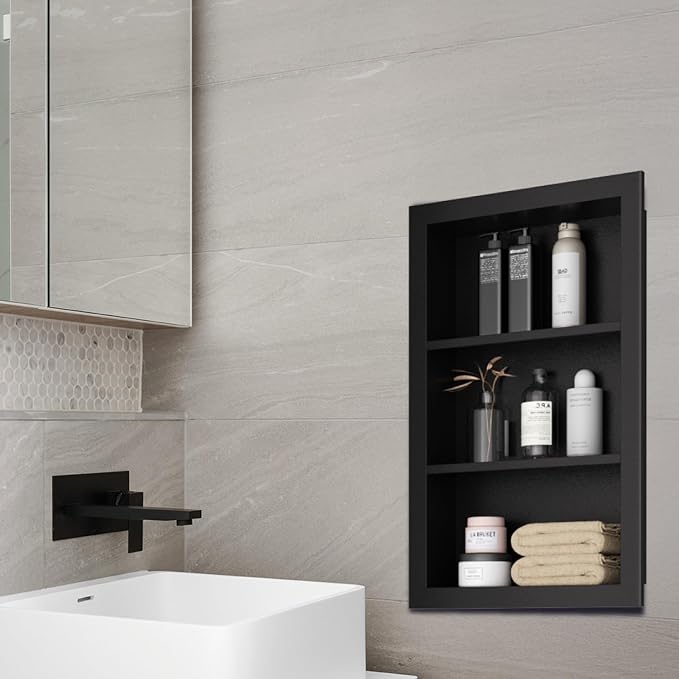 14" x 24" Stainless Steel Shower Niche, 3-Tier Waterproof Shelves, No-Tile Needed Bathroom Organizer, Rustproof Wall Shelf for Shampoo, Soap & Toiletries, Black