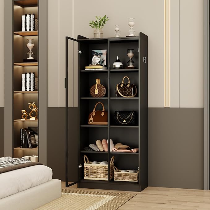 Display Cabinet with Adjustable Shelves, 65" Tall Bookcase with LED Lights/Human Sensor, 5 Tier Display Case for Collectibles Bedroom Living Room Office, Black - Transparent Acrylic Doors