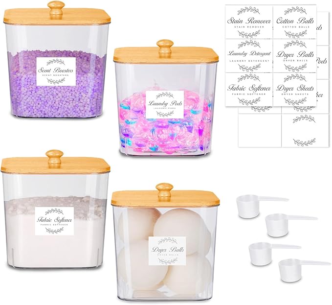 efluky 4 pack Laundry Pods Container & Dryer Sheet Holder Set,Clear Laundry Room Organization Containers with Bamboo Lids and Labels,Laundry Pods Holder for Scent Booster,Powder,Pod