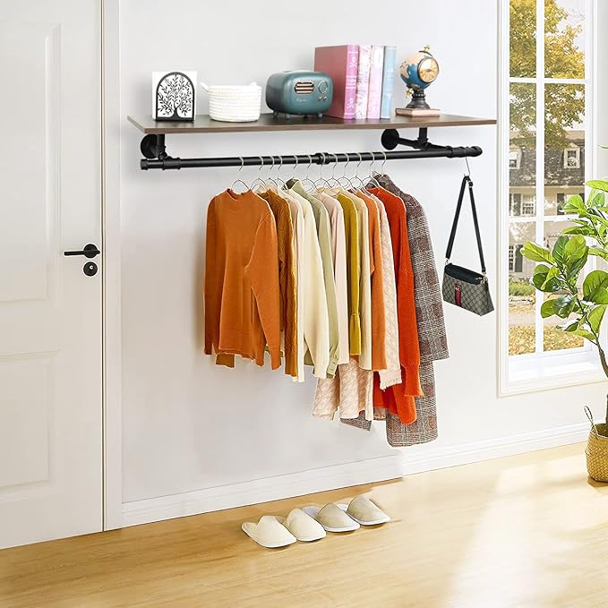 48'' Wall Mounted Clothes Rack Iron Industrial Pipe Clothes Rod with Top Shelf Pipe Rack (Wood Plank Not Included)