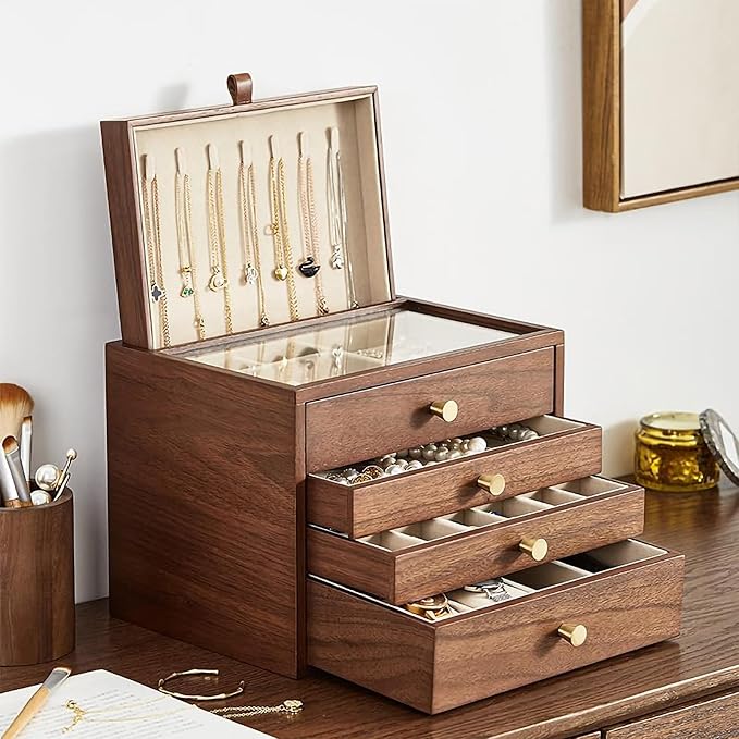 Black Walnut Wooden Jewelry Box for Women 4 Layer with Glass Lid and Pull-out Necklace Storage Layer Watch Necklace Ring Earring Storage,Christmas Gifts