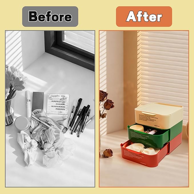 3-Pack Stackable Drawer Desktop Organizer, Multifunctional Plastic Storage Box, Suitable for Storing Office Supplies, Cosmetics, Crafts, and for Desk & Countertop Organization (Red,Green,White)