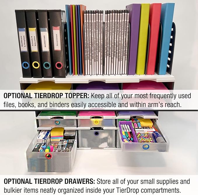 Ultimate Office TierDrop Desktop Organizer Document, Forms, Mail, and Classroom Sorter with Optional Add-On Tiers for Easy Expansion (Gray w/Black, 6-Compartment Unit)