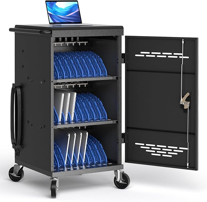 POCHAR Fully Assembled 30 Unit Device Charging Station for Chromebook, iPad, 14'' Laptop - Charging Cart with Charger Cable Management, Circuit Breaker, Grounding Protection