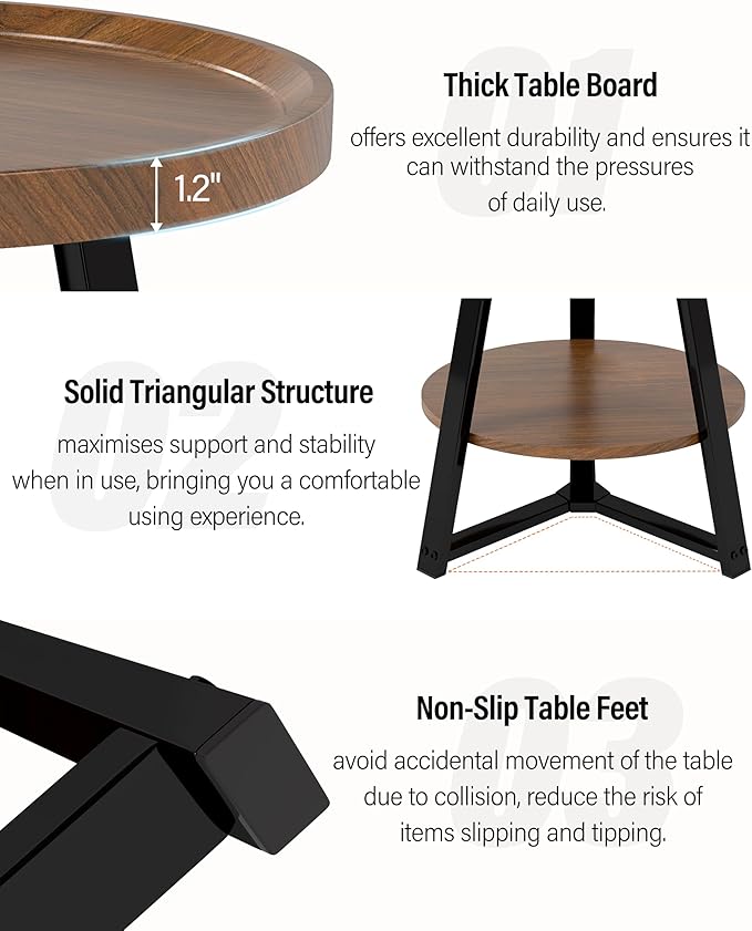 Small Round End Table, 2-Tier Side Table with Storage, Small Round Coffee Table for Living Room, 20'' Living Room Furniture with Sturdy Steel Frame (Brown)