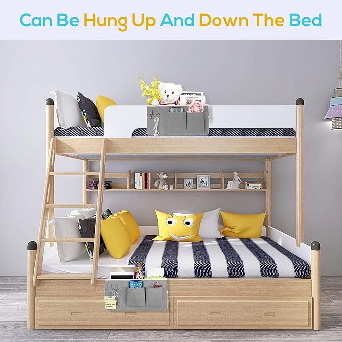 3pcs Bedside Caddy Hanging Storage Bag, Water Cup Holders, Organizer Baskets with Pockets for Bunk Bed Shelf, Hospital Beds, Loft & Dorm Rooms Accessories (Bedside bag-Grey)