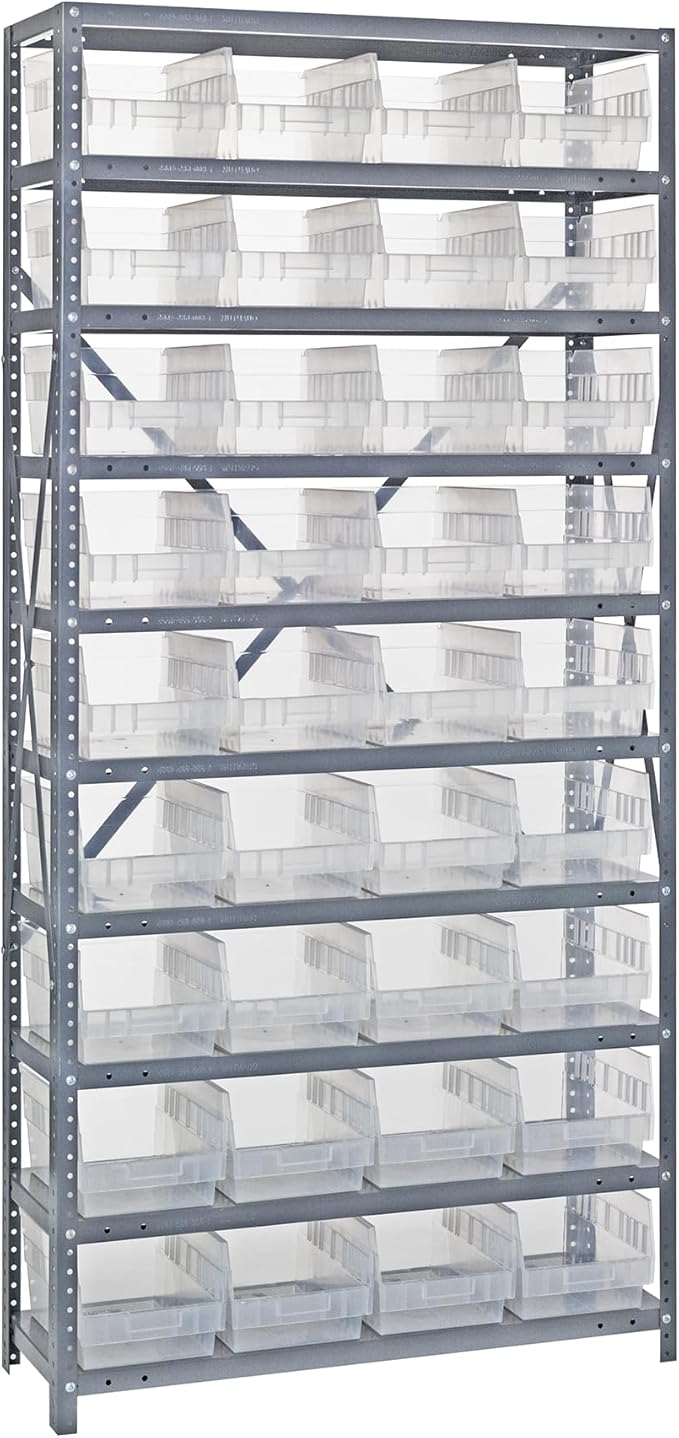 Quantum Storage Systems 1875-208CL Solid Heavy Duty 10 Shelves 36 Store-More Clear Bins 75" H x 36" W x 18" D