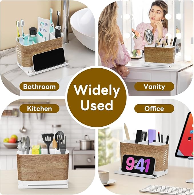 Bathroom Organizers and Storage 6 Slots Wood Grain Electric Toothbrush Holders with Phone Holder and Adjustable Dividers, Cord-Friendly Toothbrush Organizer with Drainage for Family, Kids