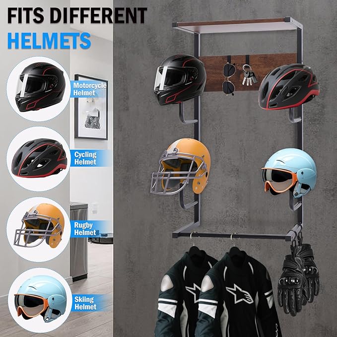 Motorcycle Helmet Holder, Durable Helmet Rack with Wooden Board, Helmet Wall Mount for Bike Accessories Storage, Vintage Black Finish for Garage Organization
