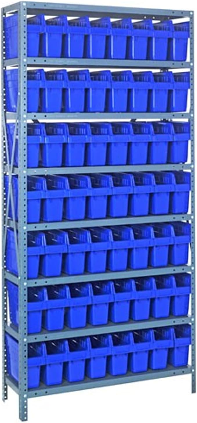 Quantum 1275-SB809BL Heavy Duty Shelving Unit with (8) Shelves and (21) QSB809 Blue Bins for Garage Warehouse Storage Distribution | 400 lb Load Capacity | 12"D x 36"L x 75"H, Galvanized Carbon Steel