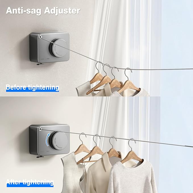 Retractable Clothesline Indoor, Non-Sagging Outdoor Clothes Line Retracting Heavy Duty Clothes Drying Laundry Line Wall Mounted Stainless Steel Line-13.8 Feets(Gray)