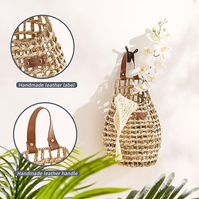 Woven Front Door Basket Water Hyacinth Wall Hanging Basket Decorative Boho Mounted Organizer for Dried Flower Plants Storage Basket for Garden, Home, and Farmhouse Décor (B_Corn Husk)