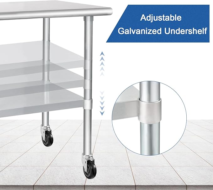 HARDURA Stainless Steel Table with Wheels 30 x 72 Inches Casters NSF Heavy Duty Commercial Prep Table with Undershelf and Galvanized Legs for Food Prep