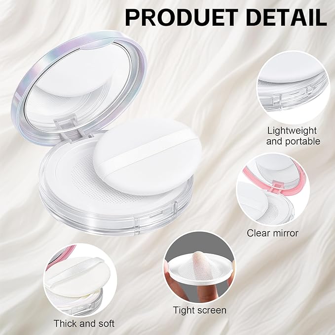 Tokusatsu 2-Pack Refillable Loose Powder Container with Puff & Mirror - 0.17 oz Travel Portable Empty Makeup Compact with Mesh for Women Girls, (Pink, Iridescent Silver)