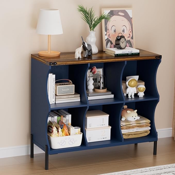 6 Cube Storage Shelf Organizer, Low Book Shelf Bookcase Entryway Table, Wood Closet Storage Display Cabinet TV Stand for Living Room, Office,Bedroom, Dorm, Blue with Natural Top