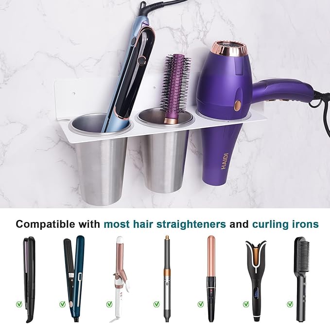 Hair Tool Organizer, Hair Dryer Holder wtih 2 Cups, Hot Tool Organizer Wall Mount for Bathroom Hair Dryer and Straightener for Styling Accessories, Flat Iron, Blow Dryer PTALSEAW