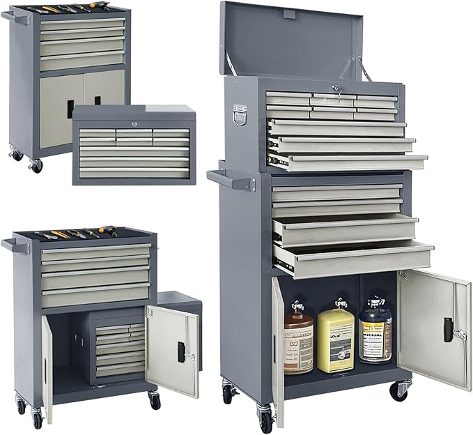 13-Drawer Double Doors Handle Rolling Tool Chest, 2 in 1 Detachable Rolling Tool Chests, Large Tool Boxes with Lock, Metal Standing Tool Cabinet for Garage Workshop(Gray)