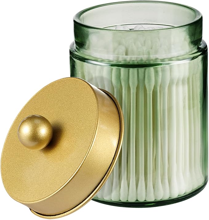 Amolliar Sage Green Glass Apothecary Jar, Qtip Holder Metal Lid & Stickers, Bathroom Qtip Holder Storage Canister, Farmhouse Decor for Cotton Balls, Swabs, Round Pads, Bath Salt, Floss, Gold 1 Pack