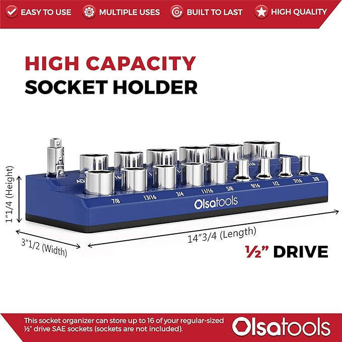 Olsa Tools Magnetic Socket Organizer | 1/2-inch Drive | SAE | Blue | Holds 16 Sockets | Professional Quality Tools Organizer