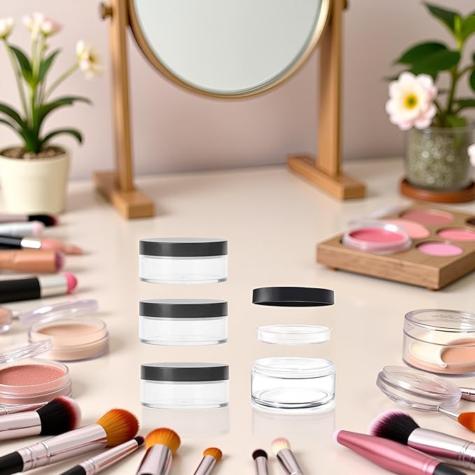 Pack of 4 Capacity 30 ml(1 oz) Empty Reusable Plastic Loose Powder Compact Container DIY Makeup Powder Case with Sifter and Lined Screw Lid Powder Face