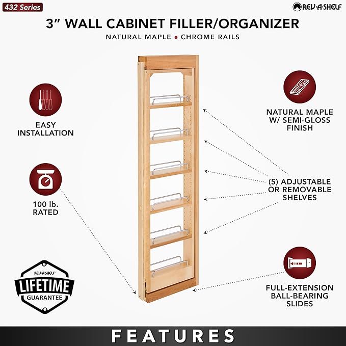 Rev-A-Shelf 3"W x 42"H Pull Out Quad Shelf Organizer for Wall & Base Kitchen Cabinets, Full Extension Filler Spice Rack, Adjustable, Wood, 432-WF42-3C