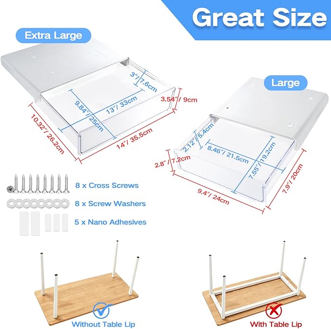 OSPNIEEK Self-adhesive Under Desk Drawer Organizer, 2 Pack Table Hidden Slide Out Large Storage Mounted Desktop Pencil Holder Tray Drawers for Office Home School Stationery Kitchen (XL+L, White)