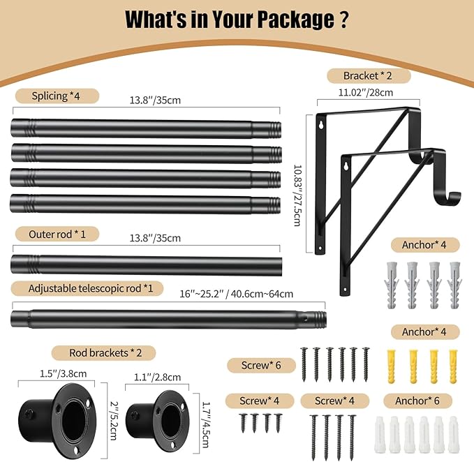 Closet Rod, 16 to 87 Inch Closet Rods Heavy Duty Adjustable Wardrobe Poles for Hanging Clothes and Heavy Duty Bracket Closet Pole Support (The Shelf NOT Included)(Black)