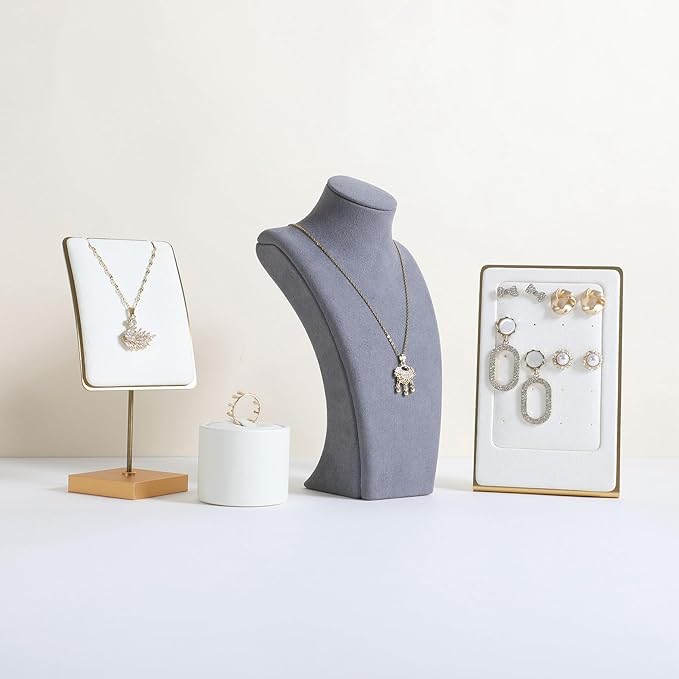 GemeShou Grey necklace storage organizer for sale, Velvet necklace holder stand, jewelry bust display stands, Jewelry Mannequin for Countertop, Showcase【Grey-Small height 7.68 inch】